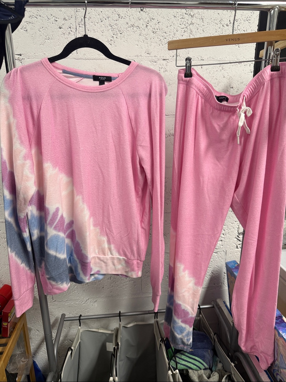 Aqua Pink Tie-Dye Crewneck Sweatshirt & Pants Loungewear SET Medium WORN ONCE